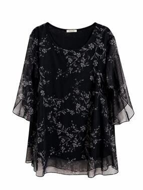 Sese Code 3X Black Sheer Floral Blouse Chiffon Overlay Bell Sleeve